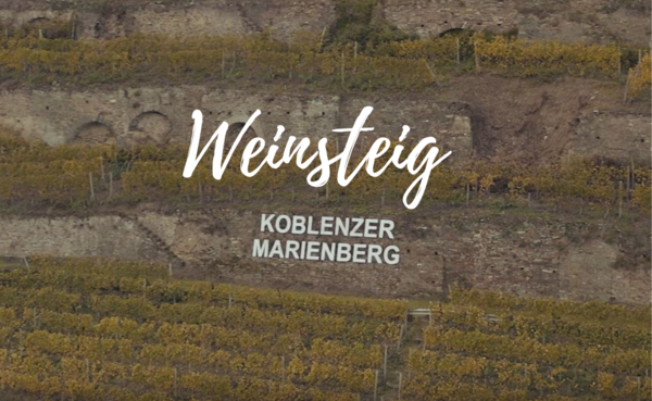 © Weingut Schwaab Weinberg mit Buchstaben "Koblenzer Marienberg" sowie mit grafischer Beschriftung "Weinsteig" © Weingut Schwaab