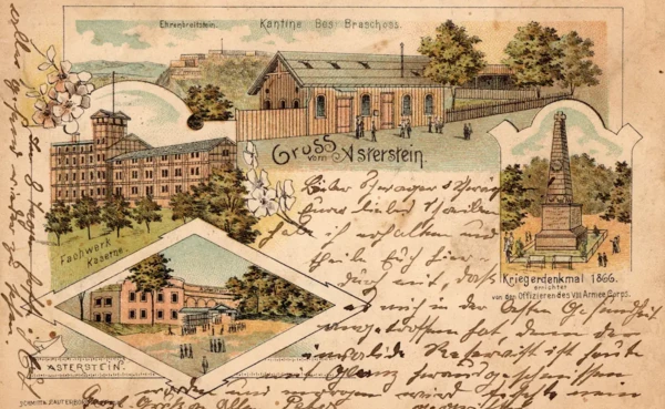 Ansichtskarte Fort Asterstein Schmitt & Lauterborn © Böckling Das Fort Asterstein mit der Fachwerkkaserne, der Kantine und dem Gefallenendenkmal (Ansichtskarte von Schmitt & Lauterborn, Koblenz, gelaufen 1898; Sammlung Böckling) © Böckling