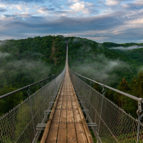 Hängebrücke Geierlay © Bernhard - stock.adobe.com Blick auf eine lange Hängeseilbrücke, die sich über ein tiefes bewaldetes Tal erhebt, im Hintergrund bewölkter Himmel und Nebelschwaden im Tal  © Bernhard - stock.adobe.com