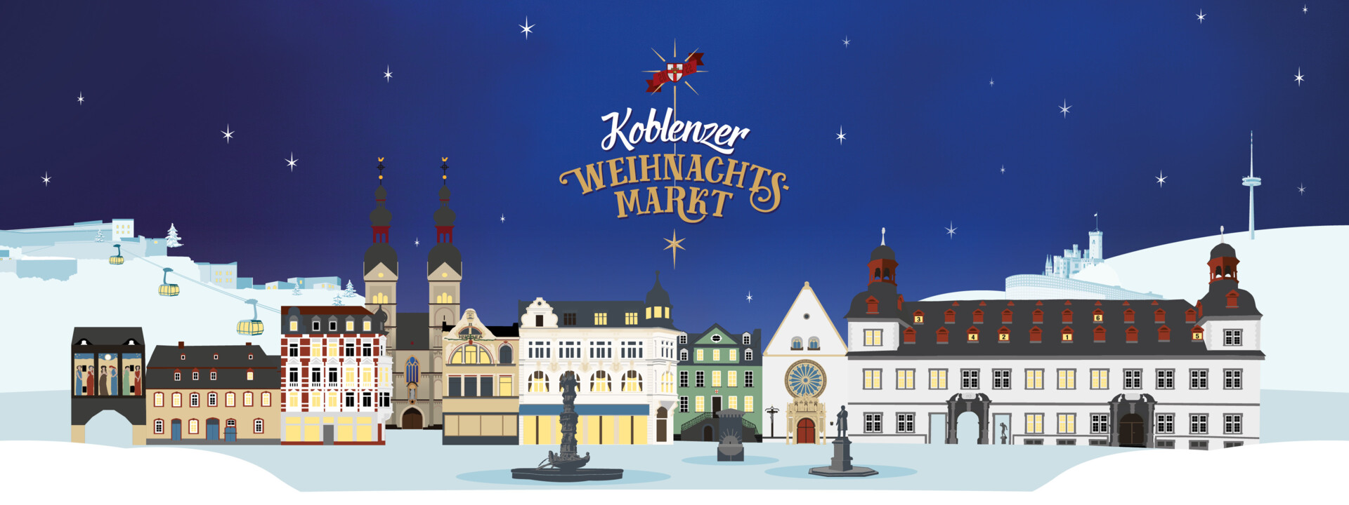 Digital design for the Koblenz Christmas Market with representation of the old town and various sights in Koblenz © Koblenz-Touristik GmbH Digital design for the Koblenz Christmas Market with representation of the old town and various sights in Koblenz © Koblenz-Touristik GmbH